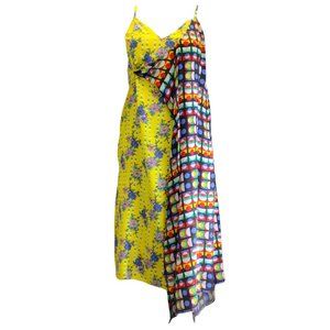 SNOW XUE GAO YELLOW MULTI MIXED PRINT SLEEVELESS SILK DRESS